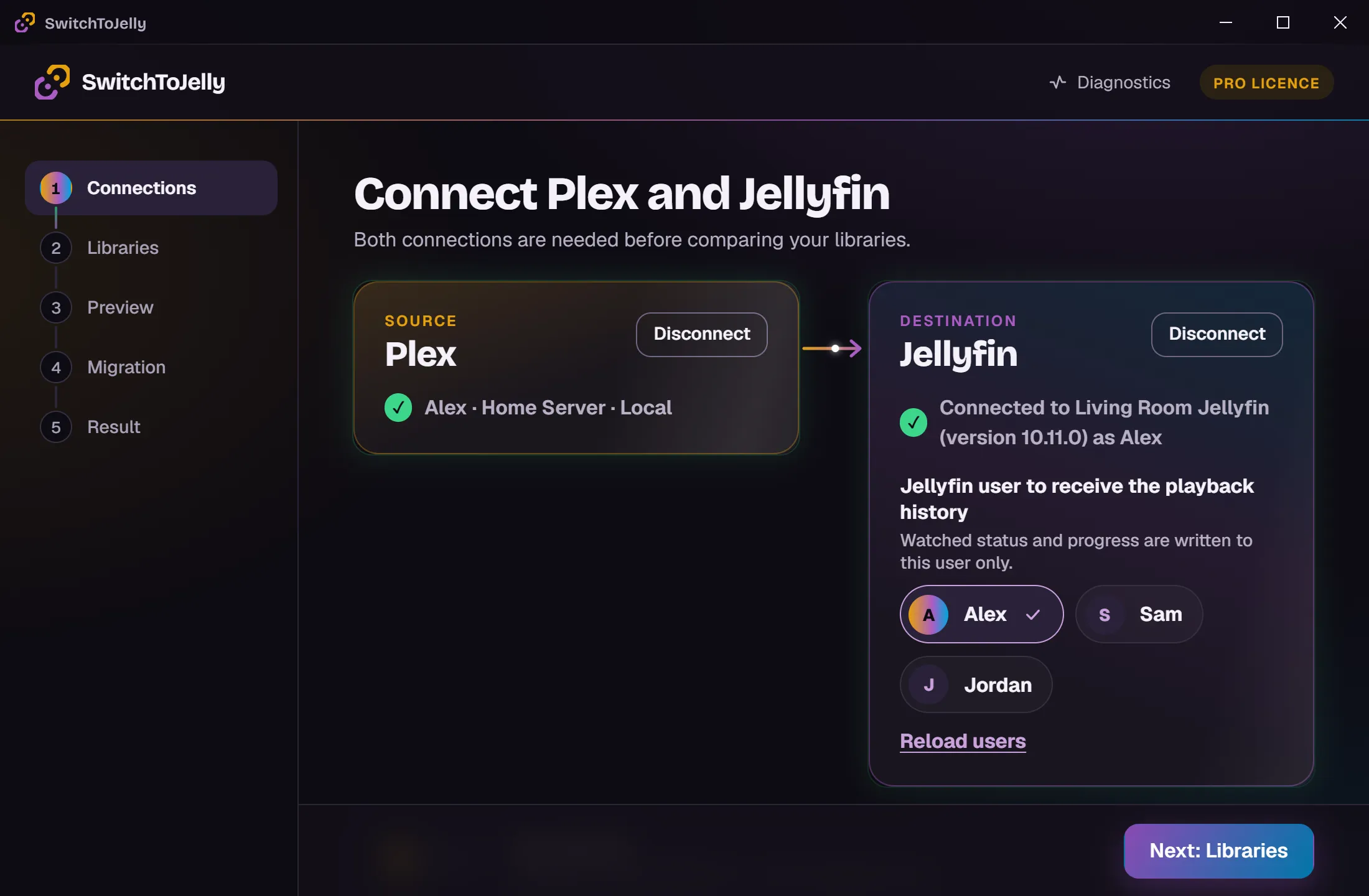 SwitchToJelly connections step: Plex and Jellyfin connected, with the Jellyfin user to receive the history selected