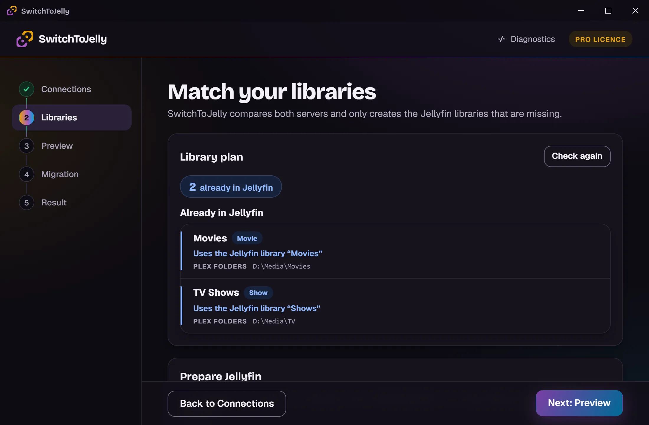 SwitchToJelly libraries step: each Plex library is matched to a Jellyfin library by its folders